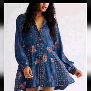 Free People Sylvie Mini Dress Womens L Blue Paisley Boho Western Coastal Cowgirl
